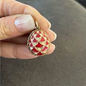 Vintage .925 Sterling Silver Gold Vermeil CZ Red Enamel Faberge Egg Pendant